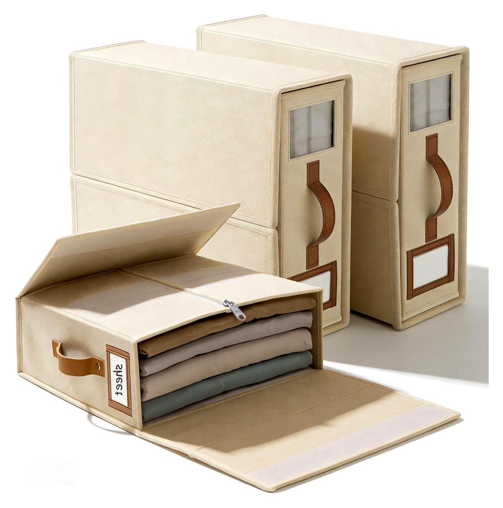 3er Set Bettwäsche-Organizer Box - Faltbare Aufbewahrungsbox für Bettwäsche mit Sichtfenster und Etikett, Atmungsaktiver Schrank-Organizer für ...