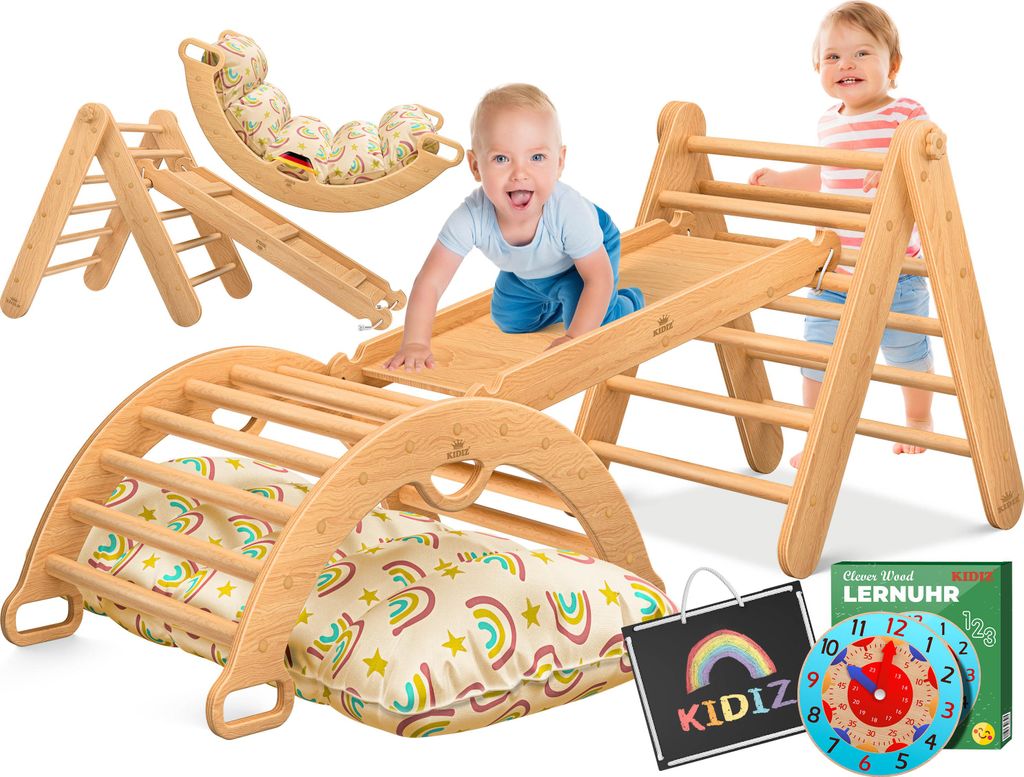 A collage of children's wooden climbing toys and educational accessories, with two babies interacting with the equipment.