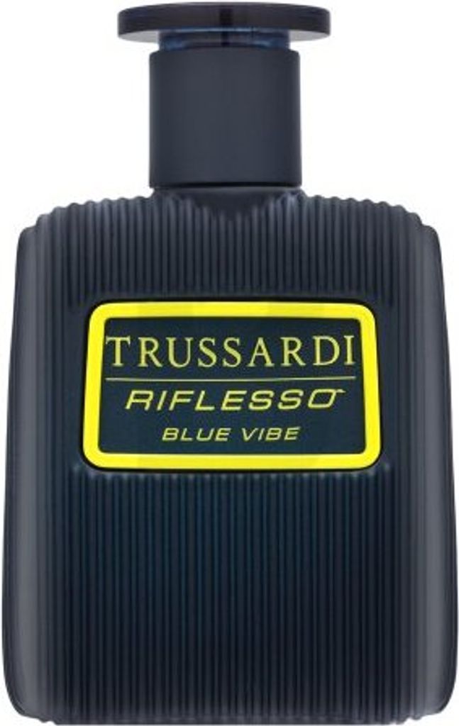 A dark blue bottle of Trussardi Riflesso Blue Vibe Eau de Toilette for men.