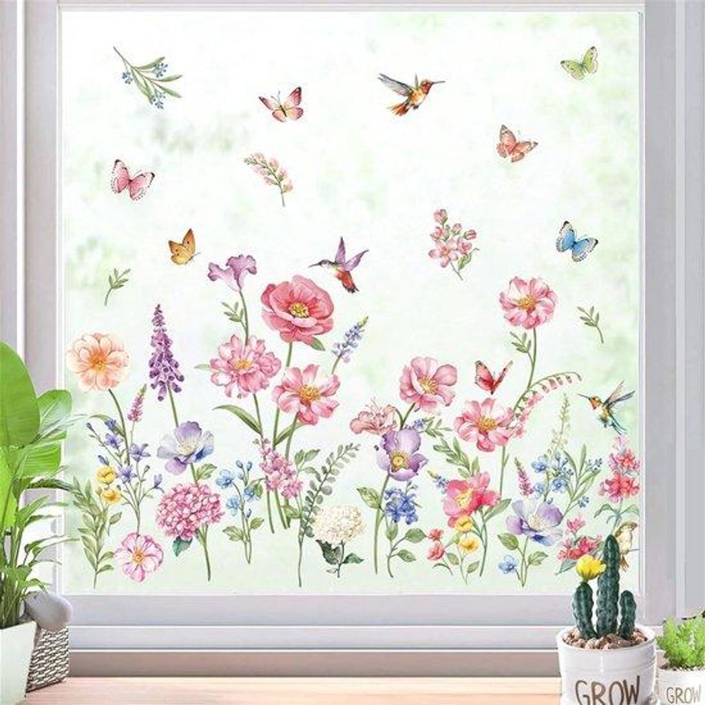 Famanu Fensteraufkleber Bunte Blumen und Schmetterlinge - Wildrose