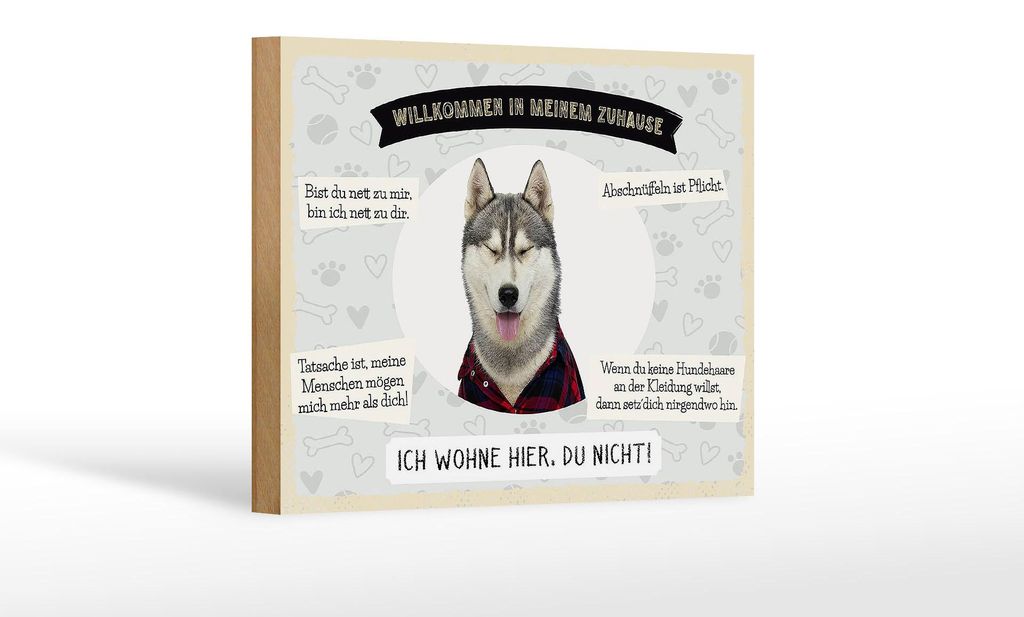 Holzschild Spruch 18x12 cm Tiere Husky willkommen wohne hier