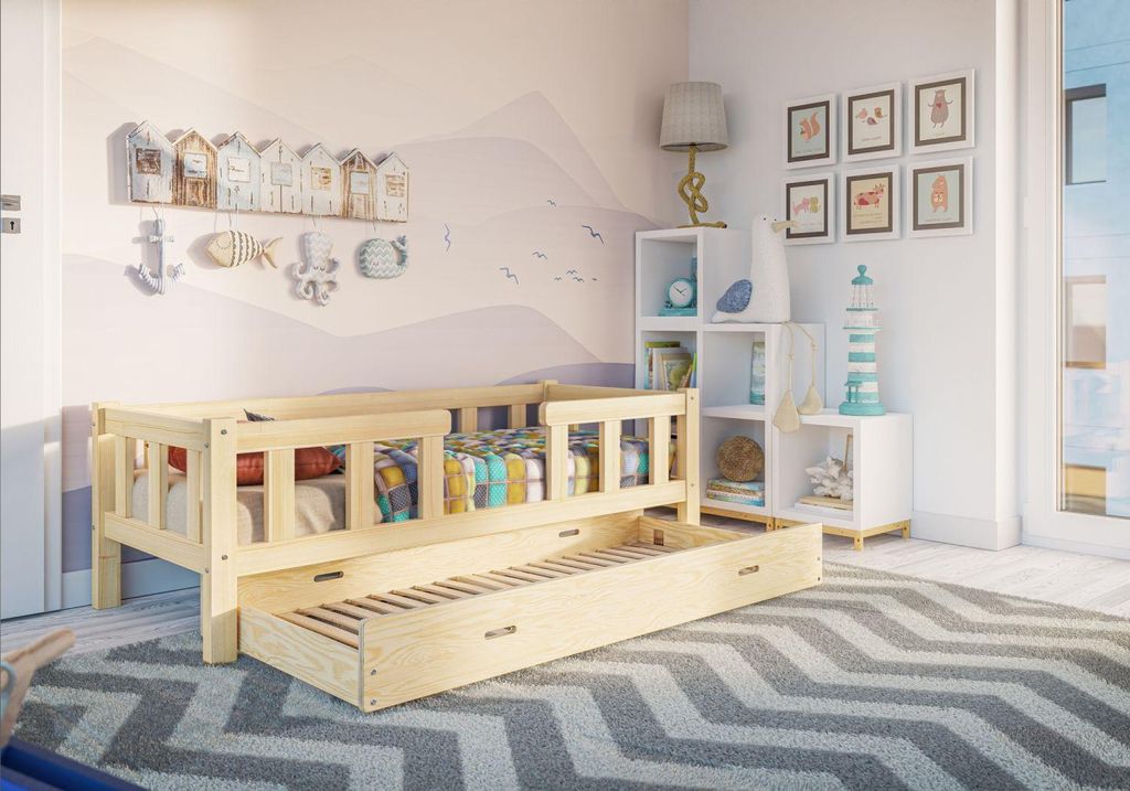 Kinderbett TIAN P von RESTWOOD – 140x200 cm mit Schublade, ausem Naturholz, inklusive Lattenrost, einfache Montage