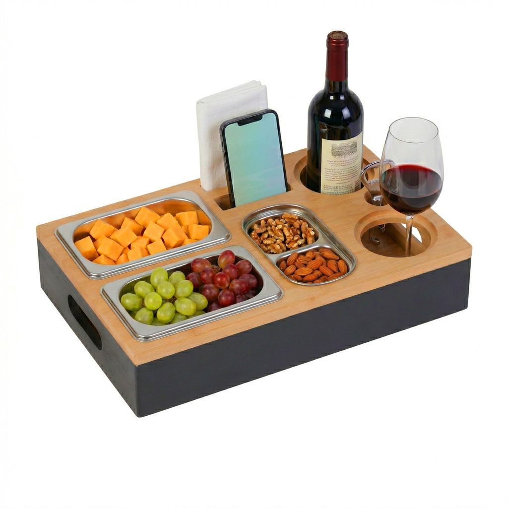 Relaxdays Couchbar, bambù, 3 vaschette in acciaio Immagine del prodotto 