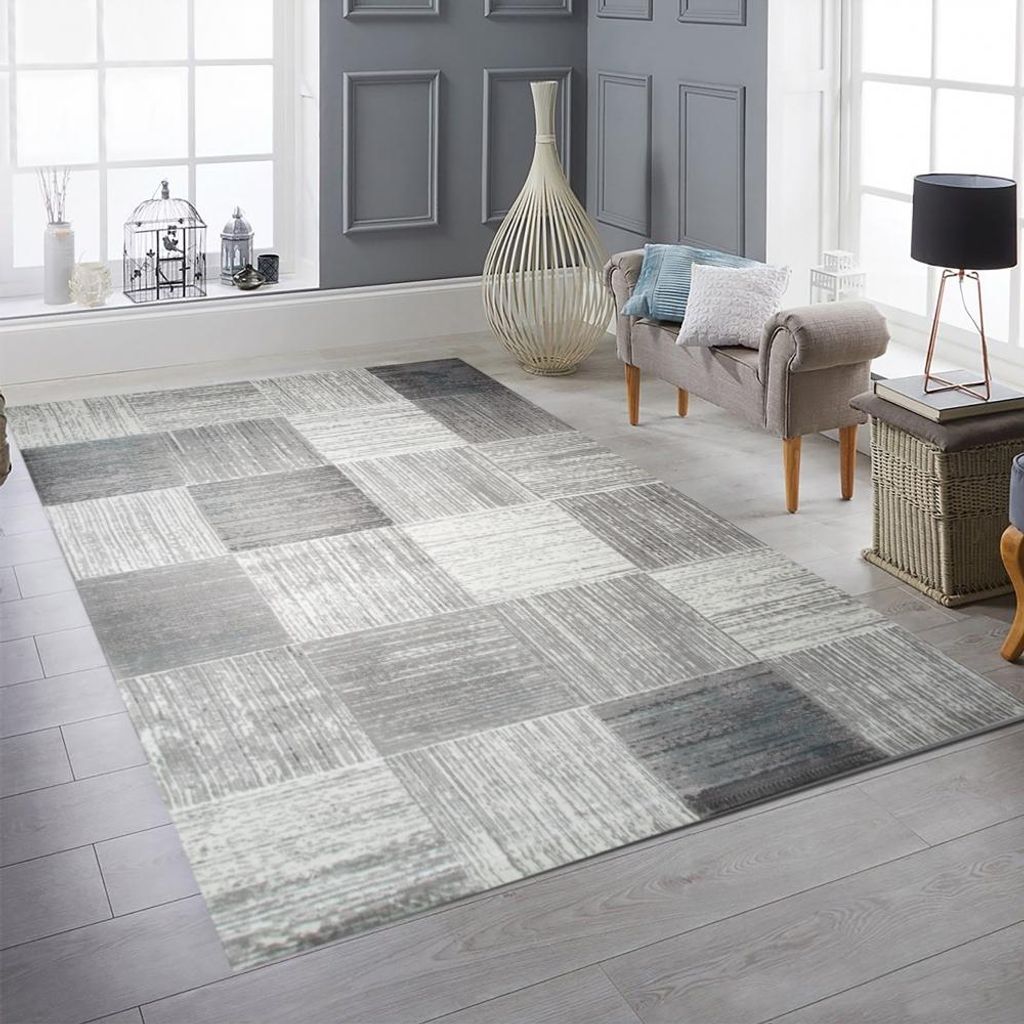Moderner Kurzflorteppich mit Karomuster Grau Beige Größe - 80 x 300 cm