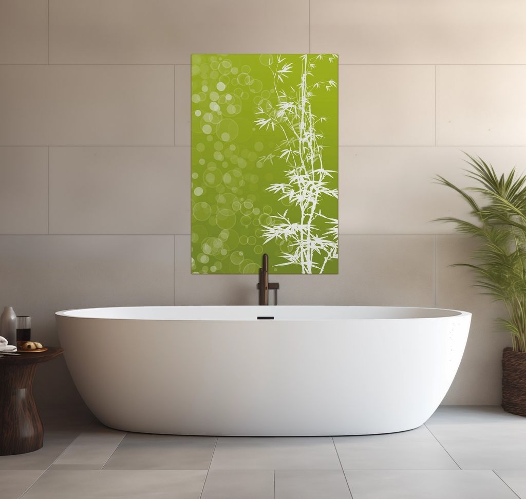 Wallario wasserfestes Poster selbstklebend 91,50 x 61 cm, Bambusmuster grün-weiß, Badezimmerposter Spritzschutz mit Hochglanzoberfläche in Glaso...