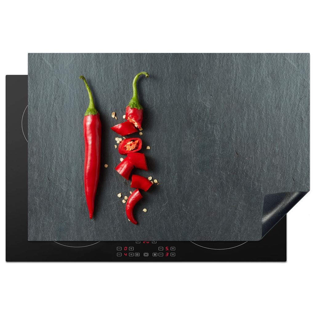 KitchenYeah Herdabdeckplatte Paprika - Rot - Gewürz - Grau - Grün , 78x52cm, Küche Deko, Glaskeramikkochfeld Herdabdeckung, Abdeckplatte fùr ...