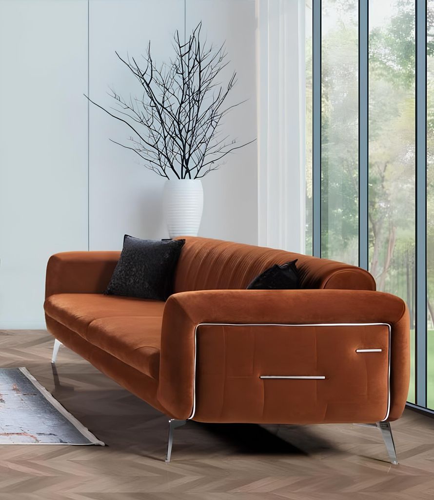 Orange Design Couch Sofa Samt Dreisitzer Luxus Couchen Möble Sofas Stoff Textil