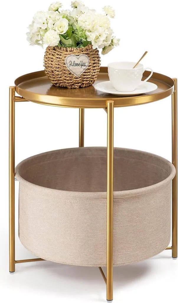 Table d'Appoint Anti-Rayures en Métal Or : Gain de Place avec Rangement