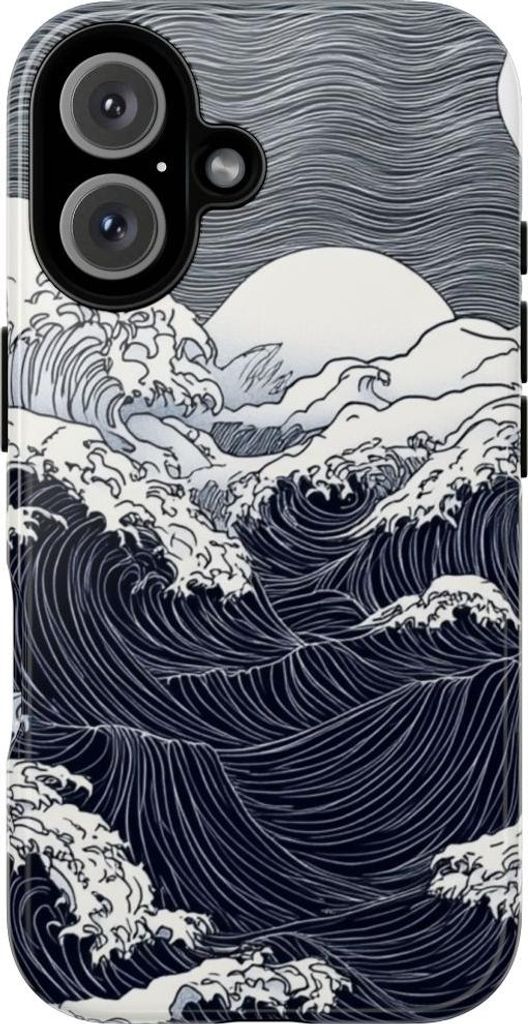 Monochrome Meereswellen und Vollmond – Hülle Kompatibel mit iPhone 16