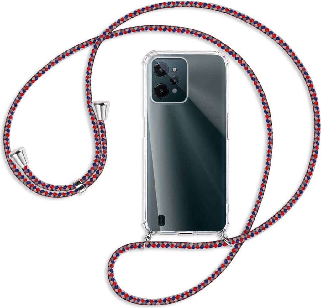 Handykette Backcover-Schutzhülle mit Band (Metall silberfarben) für Realme C31 - silber/blau/rot