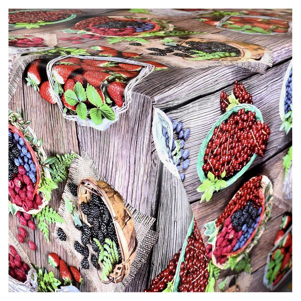 Wachstuch Tischdecke Meterware Früchte Obst Beeren auf Holz für Garten und Küche wählbar in eckig, rund oder oval (Rand: Schnittkante, 120 x 16...