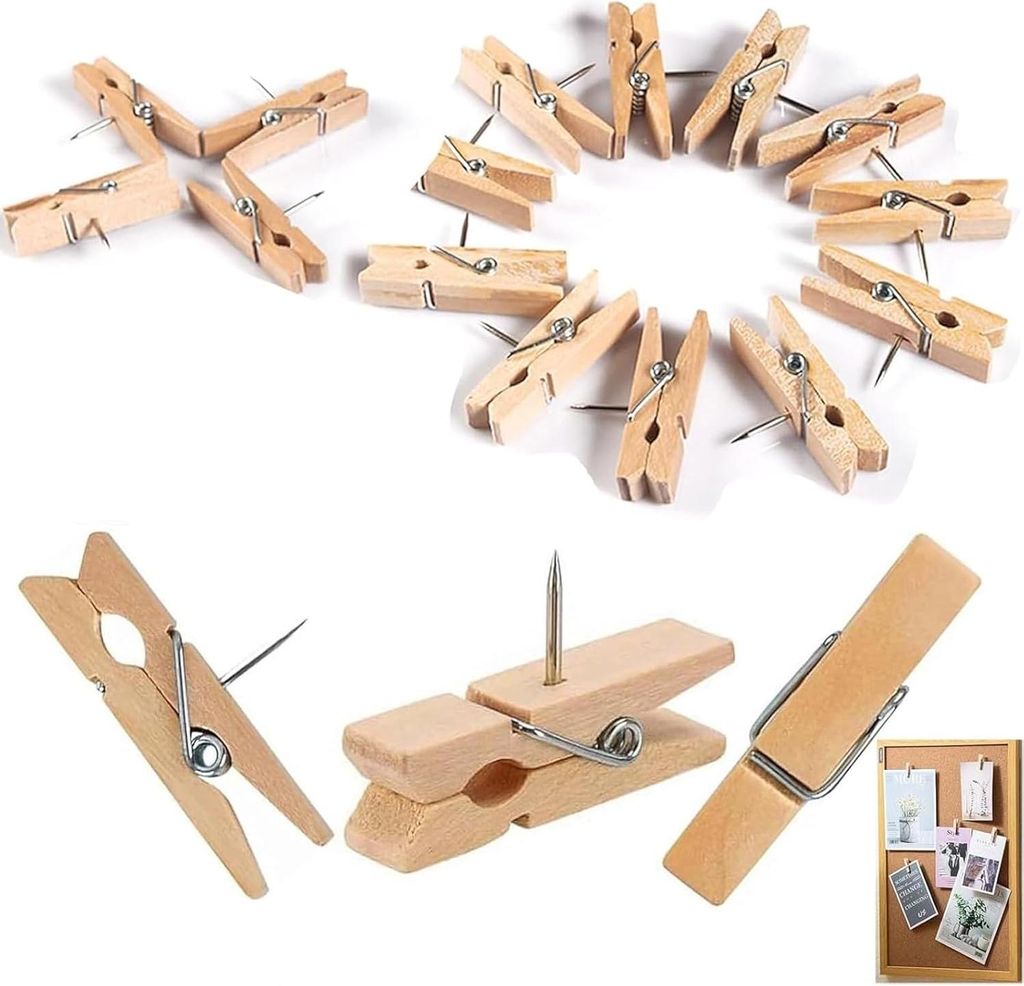 Holzklammern mit Stecknadeln 100 Stück Natürlich Holz Push Pins Clips Pinnadeln Holz Reißnägel Reißzwecken für Korktafeln Handwerk Büros Zuh...