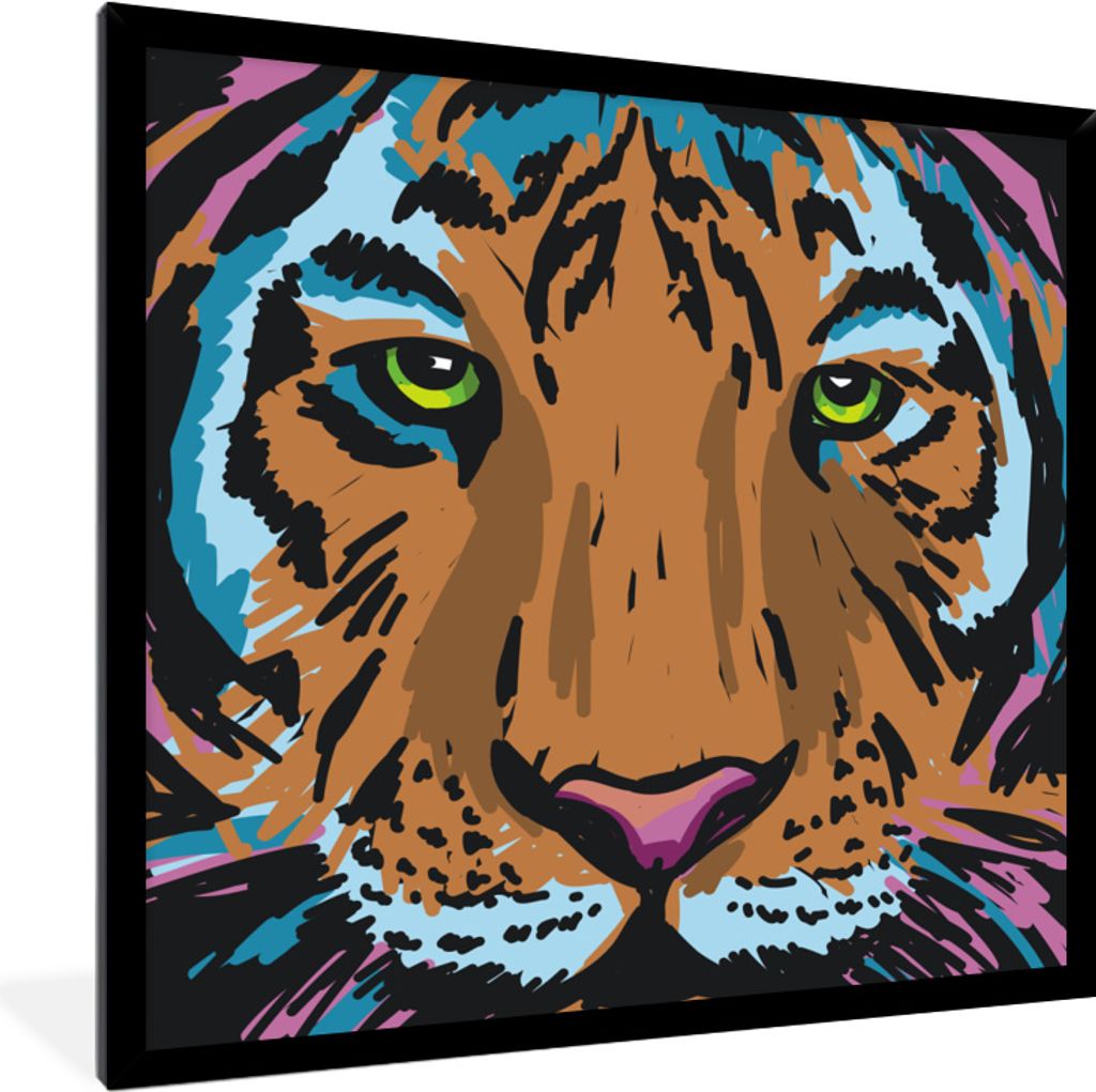 MuchoWow MuchoWow Gerahmtes Poster Tiger - Farbe - Kopf 40x40 cm - Poster mit zchwarzem Bilderrahmen - Mit Rahmen - Wanddekoration Schlafzimmer