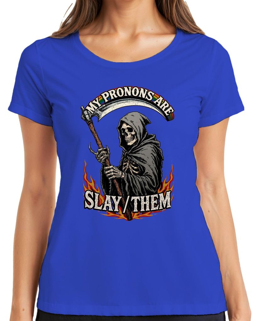 My Pronouns Are Slay Them Grim Reaper Skelett Regenbogen Pride Damen T-Shirt, Blau, XXL