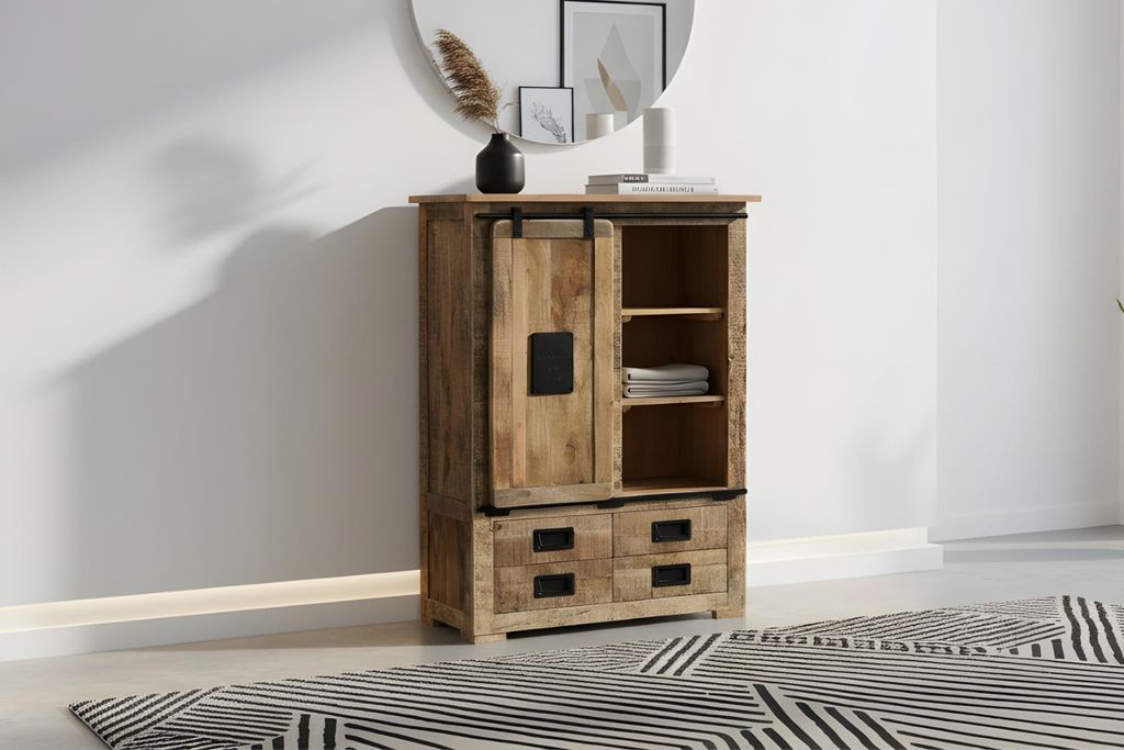 Highboard Libro III, Mangoholz massiv + Rough, Hochschrank mit Holzschiebetür, je 4 Schubladen & 6 offenen Fächern, Türelemente, Griffe & Reling...