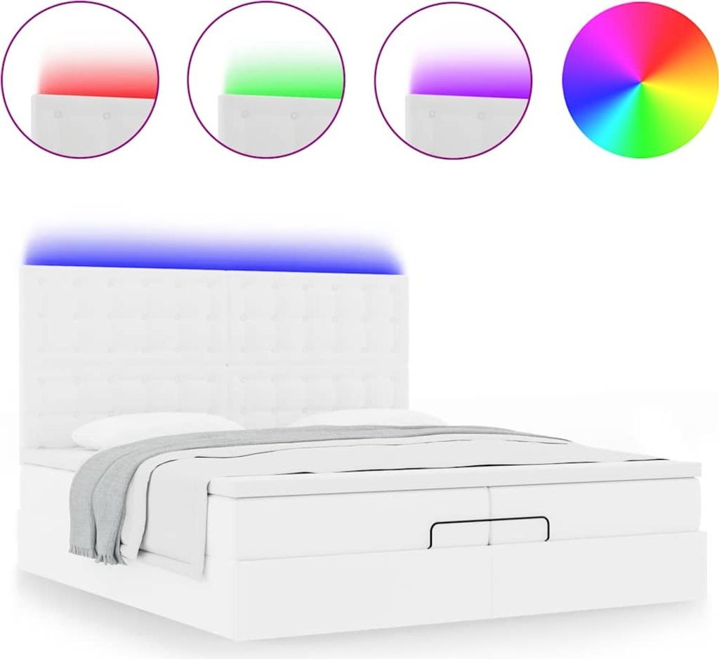 SYFAX Ottoman-Bett mit Matratzen & LEDs Weiß 200x200 cm Kunstleder