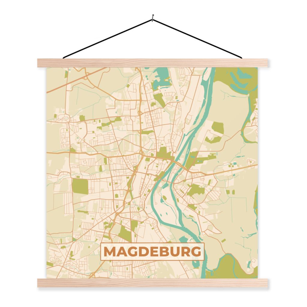 MuchoWow Textilposter Macdeburg - Stadtplan - Vintage - Karte 60x60 cm mit holzfarbenen Rahmen - Wanddekoration