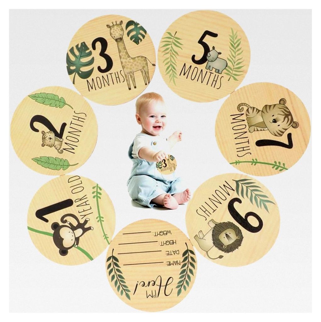 7 Stück Baby Monatskarten aus Holz mit bunten Tiermotiven