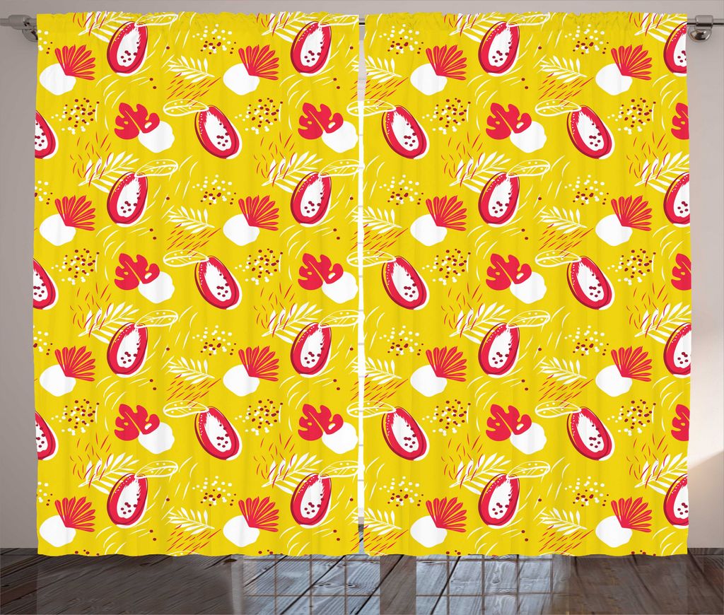 ABAKUHAUS Tropisch Rustikaler Vorhang, Abstrakt Papaya und Pflanzen, Wohnzimmer Universalband Gardinen mit Schlaufen und Haken, 280 x 225 cm, Gelb,...