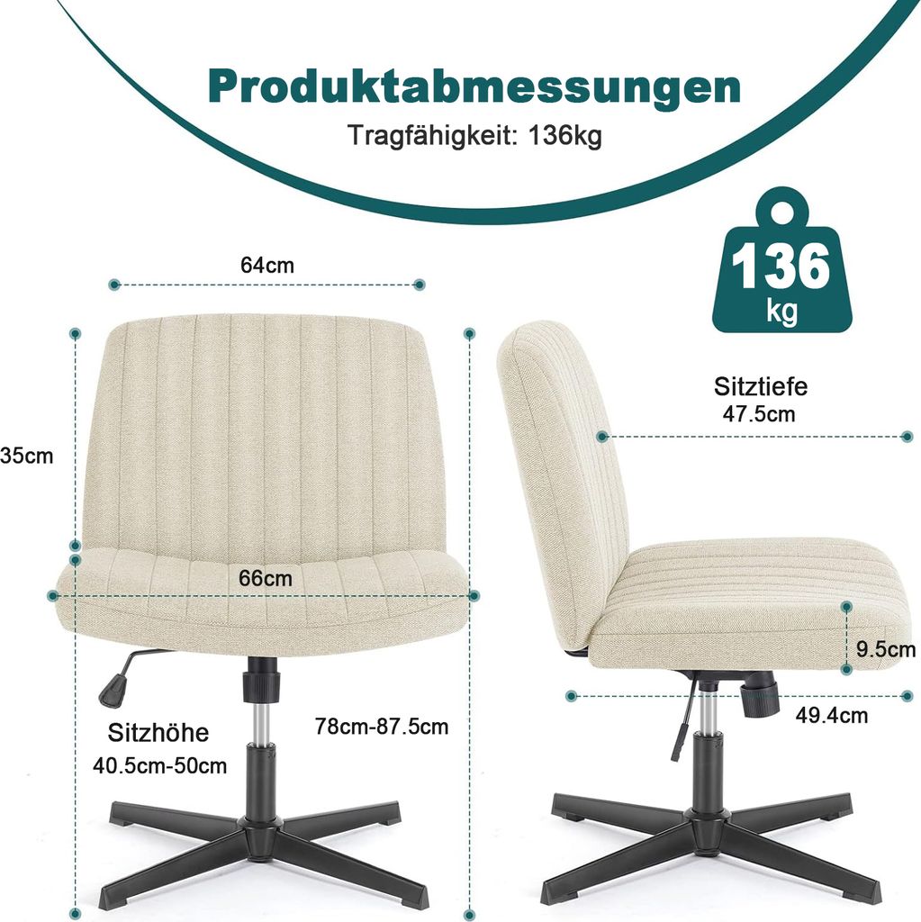 Bürostuhl Ohne Armlehnen – Atmungsaktives Netzgewebe, Sitzbreite 66 Cm, Höhenverstellbar 40-50 Cm