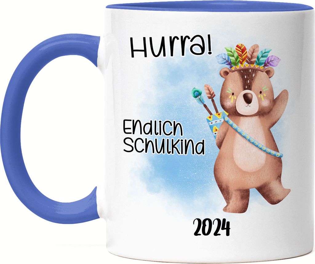 Endlich Schulkind 2024 Bär Tasse Blau Schulstart Geschenk zur Einschulung Sohn Schulanfang Schuleinführung