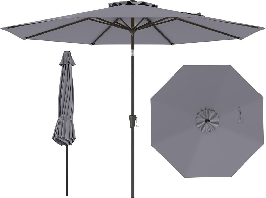 A gray patio umbrella is shown in three different views: fully open, closed, and a top-down view of the canopy.