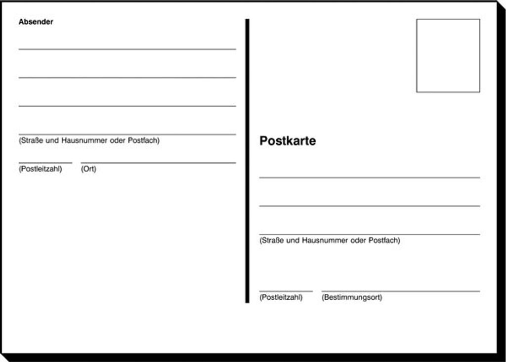 A blank postcard template with fields for sender and recipient addresses.