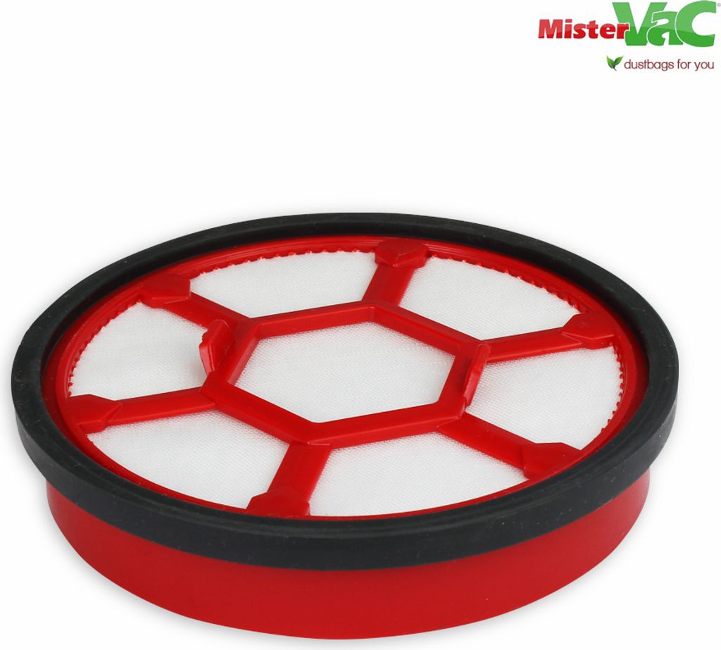 A close-up studio shot of a red and black vacuum cleaner filter with a white filter material.