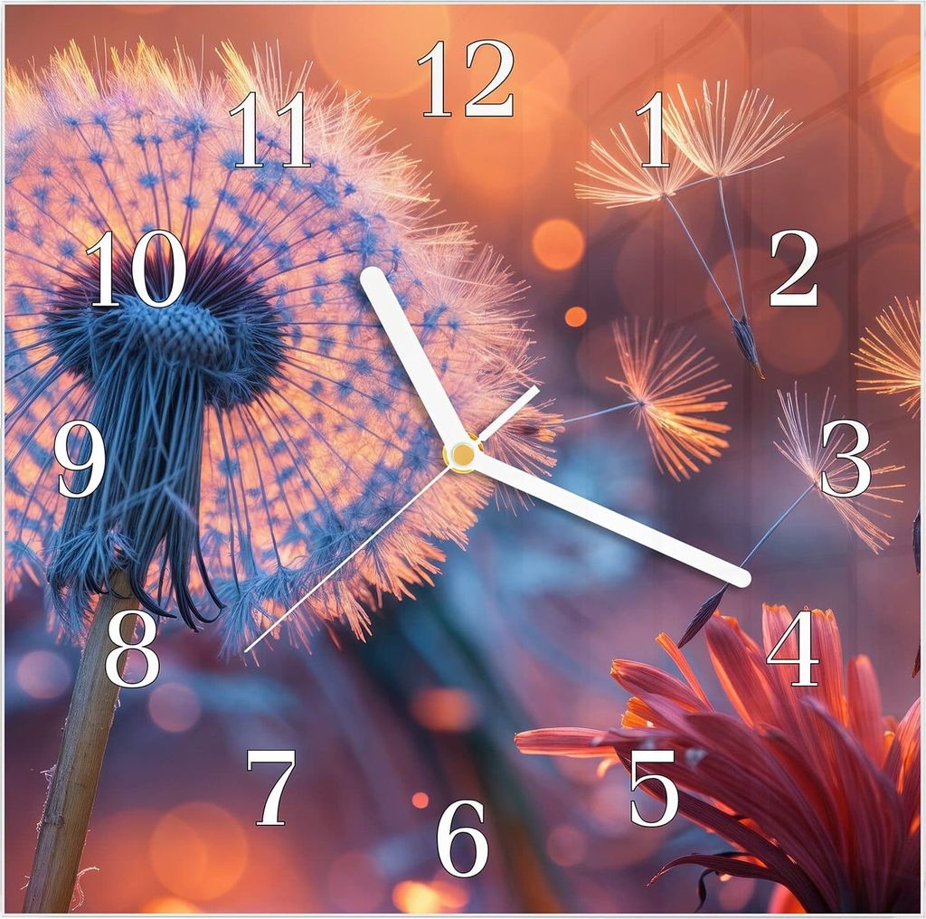 Wanduhr aus Glas mit Motiv Pusteblumenglühen- 30 x 30 cm - inkl. Aufhängesystem