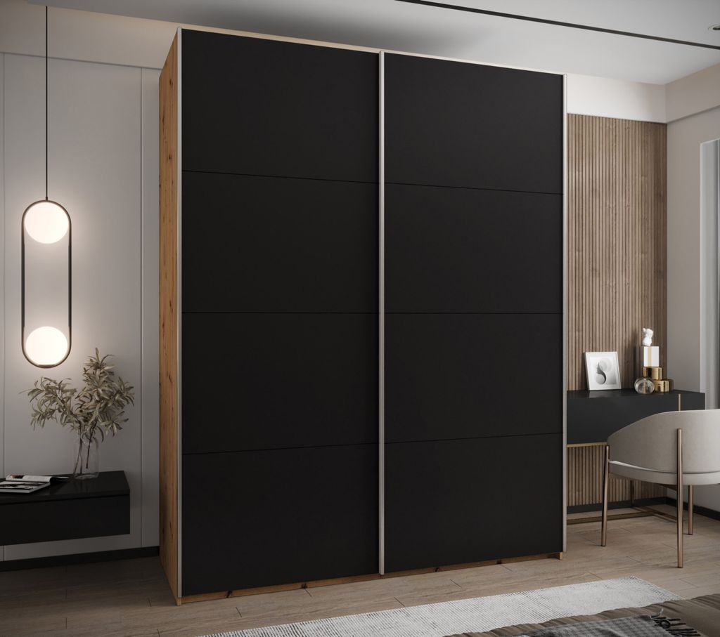 Zweitüriger Kleiderschrank SAMARA 1 - 200 cm, Eiche handwerklich / schwarz / silber
