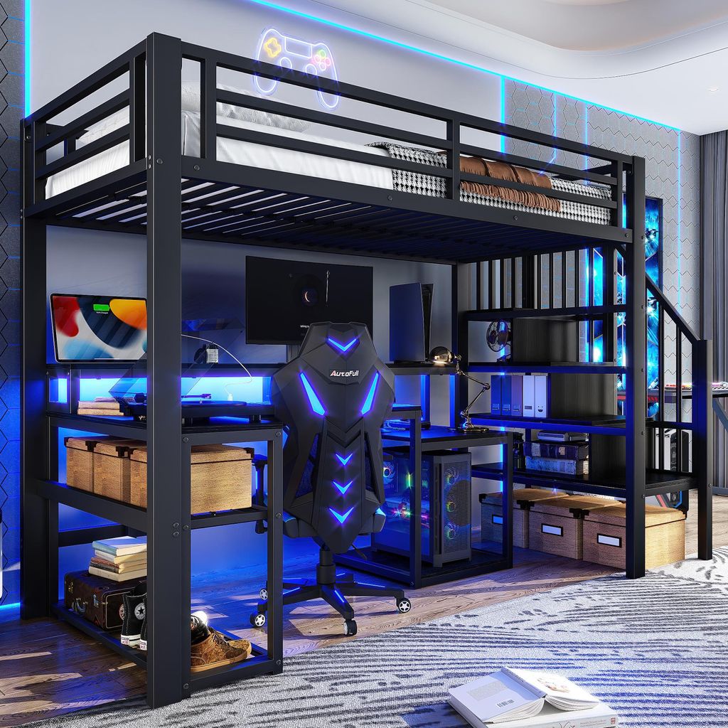 Merax Etagenbett Hochbett 90x200cm, Stockbett mit Schreibtisch, Stauraumtreppe, Led Lichtleiste, Usb Anschluss, Metall Kinderbett Jugendbett, Schwarz
