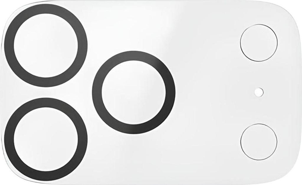 A white camera lens protector with three large black rings and two smaller black rings, and a small dot in the center.
