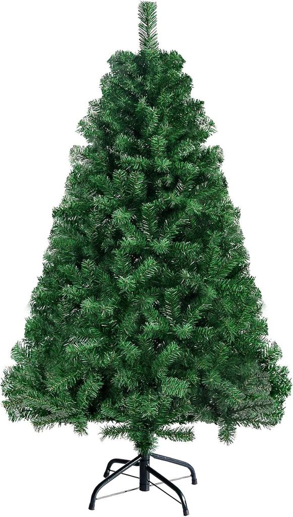 A green artificial Christmas tree with a black stand, isolated on a white background.