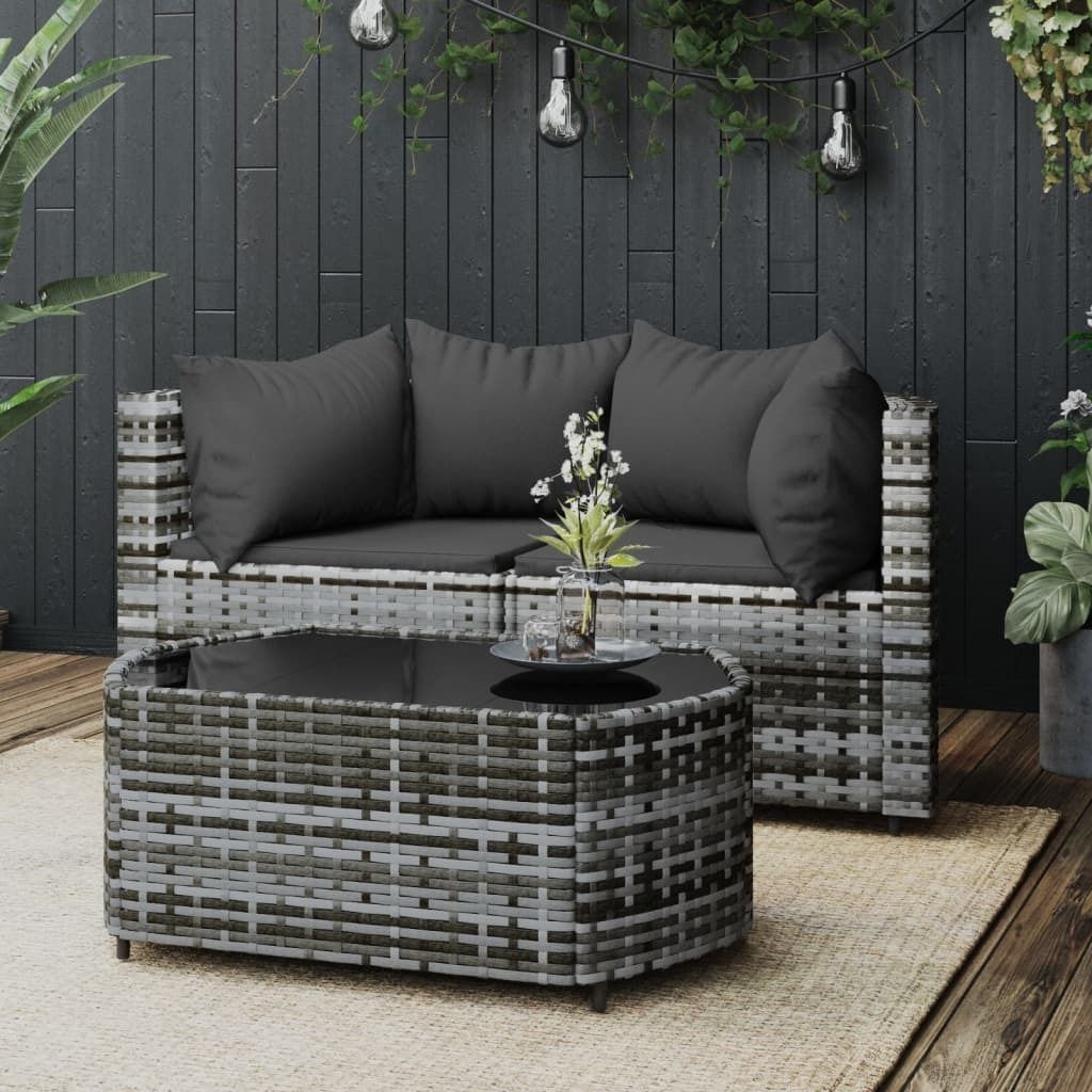 The Living Store 3-tlg. Garten-Lounge-Set mit Kissen Grau Poly Rattan