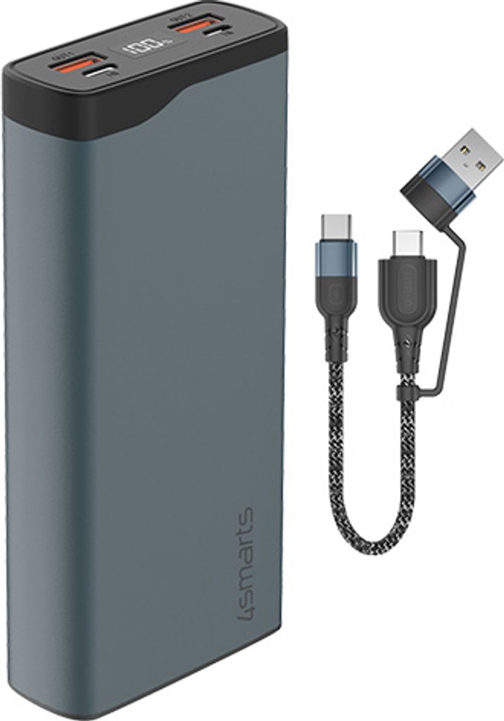 A power bank and its charging cables are displayed against a white background.
