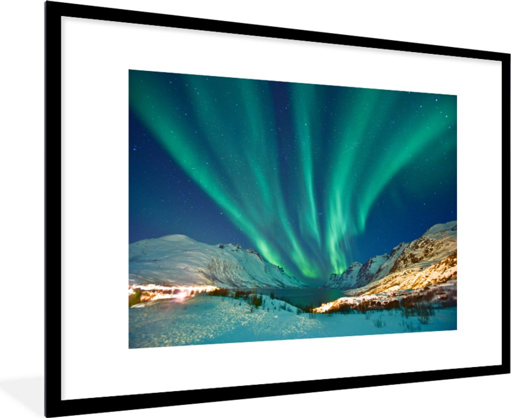 MuchoWow MuchoWow Gerahmtes Poster Nordlichter - Norwegen - Winter 90x60 cm - Poster mit zchwarzem Bilderrahmen - Wanddekoration - Fotos