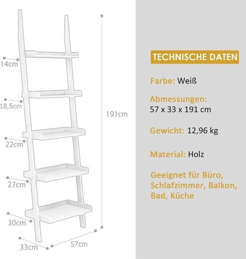Bibliothèque échelle sur pied en bois naturel - Étagère déco 5 plateaux
