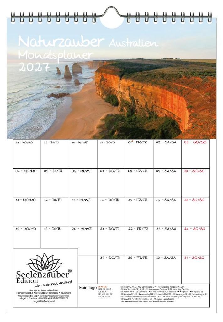 Naturzauber Australien Planer DIN A4 Kalender für 2027 Urlaub Landschaft Natur Koala- Seelenzauber