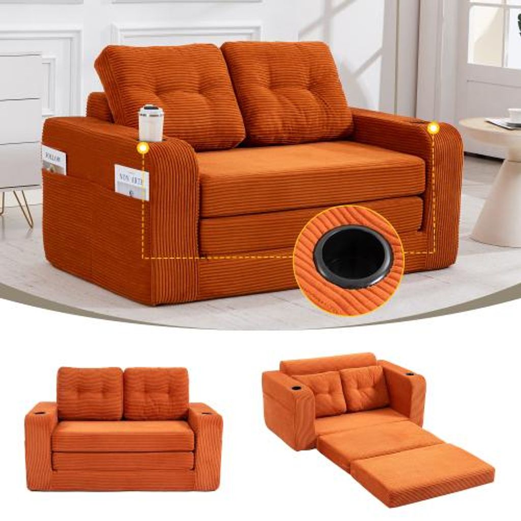 2 Sitzer Sofa Cord modulares Sitzsack Sofa mit Getränkehalter Sofa ohne Montage kleines Bodensofa mit Seitentaschen Wohnzimmer Sofa