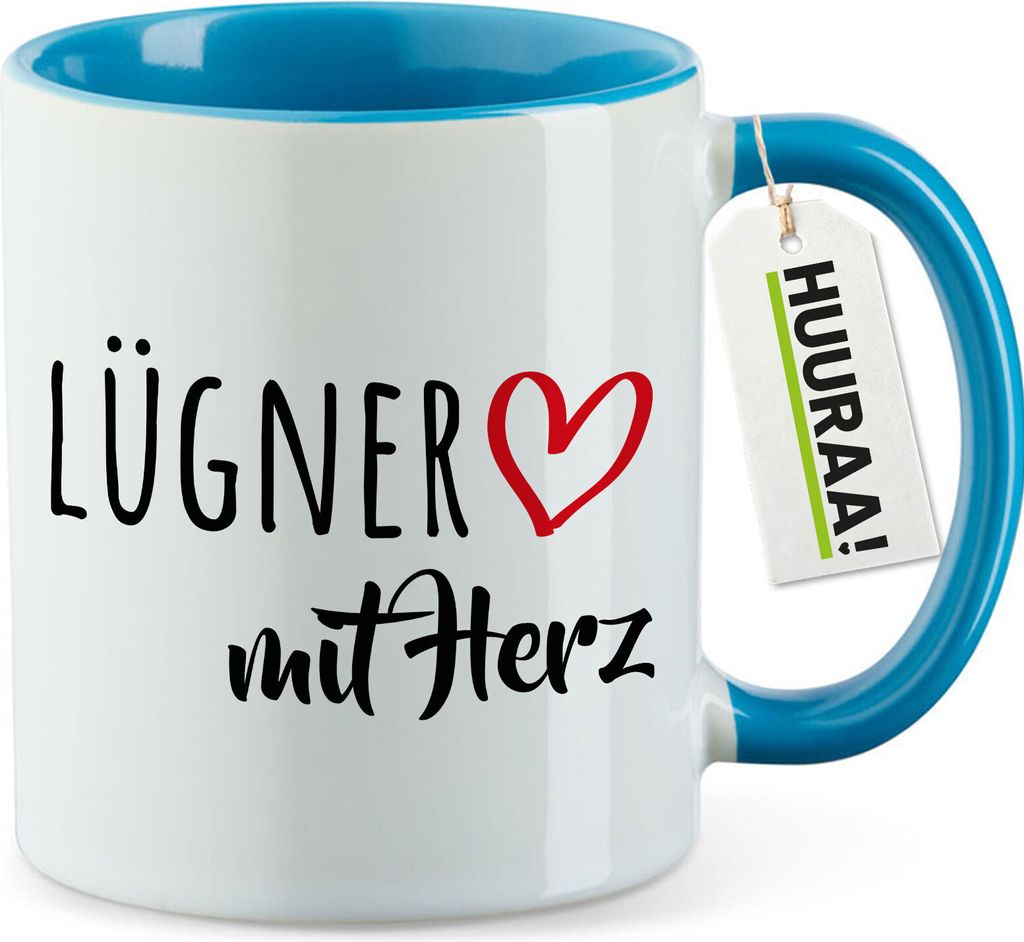 Huuraa Kaffeetasse Lügner mit Herz 330ml Blau Keramik Kaffeebecher Geschenkidee