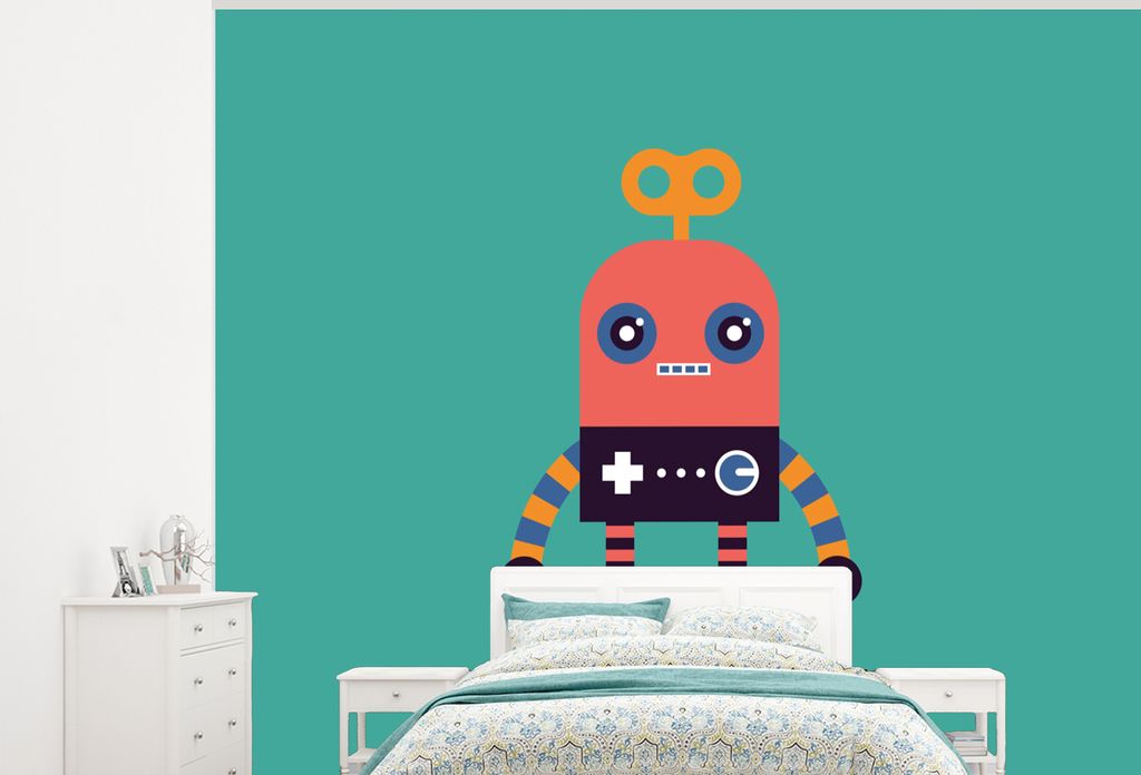 MuchoWow Fototapete für Wohnzimmer oder Schlafzimmer Wandtapete Vinyl Motivtapete Roboter - Spielzeug - Gesicht - Rosa - Jungen - Kinder - 375x3...