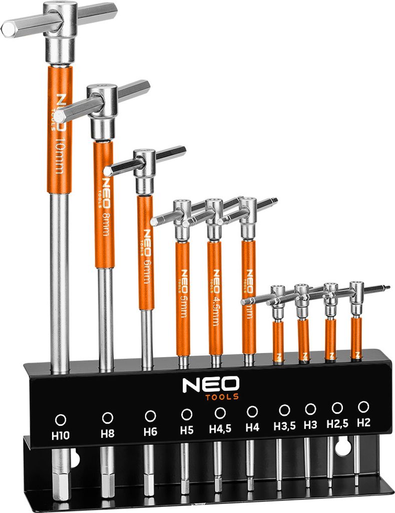 NEO TOOLS 10-teiliges Sechskant-Set, T-Griff Schlüsselsatz Kombischaftschraubenschlüssel 10 Innensechskantschlüssel (HEX): 2 mm bis 10 mm