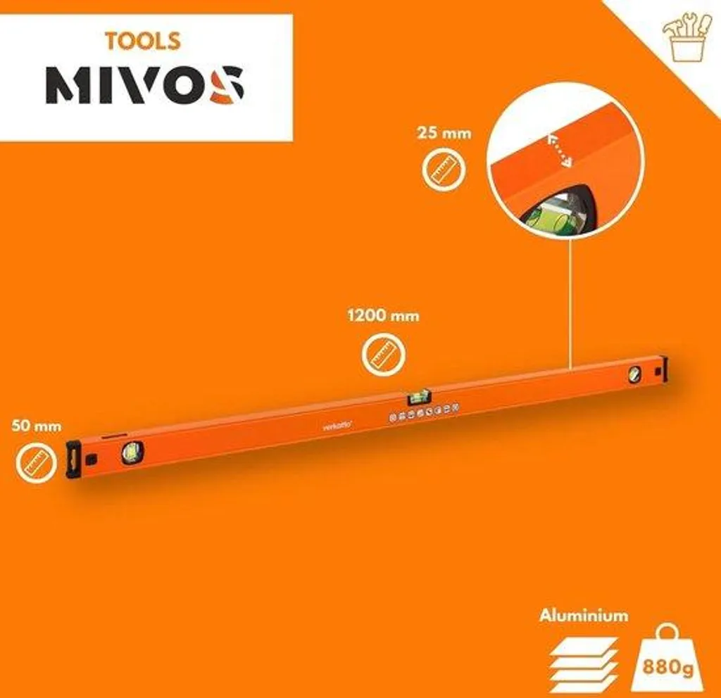 Niveau à bulle MIVOS 1200mm avec miroir et 3 fioles haute précision