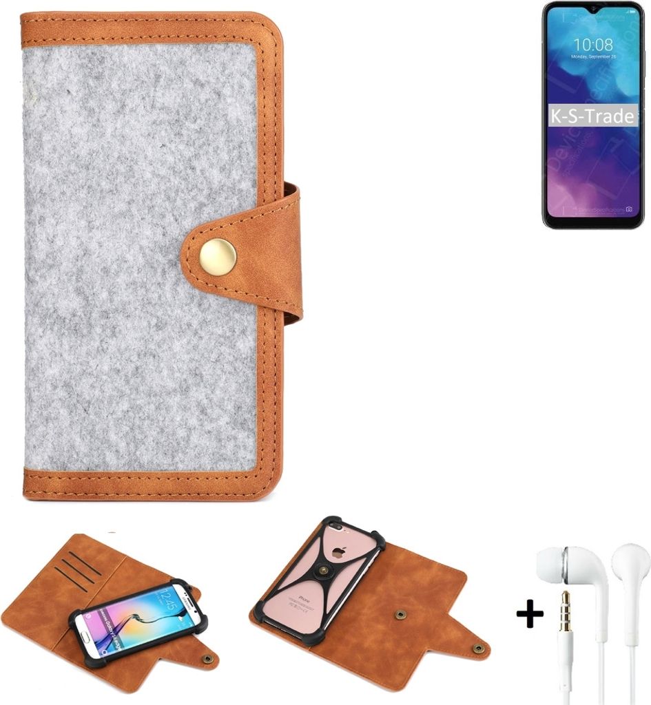 K-S-Trade Handyhülle + Kopfhörer kompatibel mit ZTE Blade V30 Vita Schutzhülle Filz Hülle Kunstleder hellgrau braun (1x)