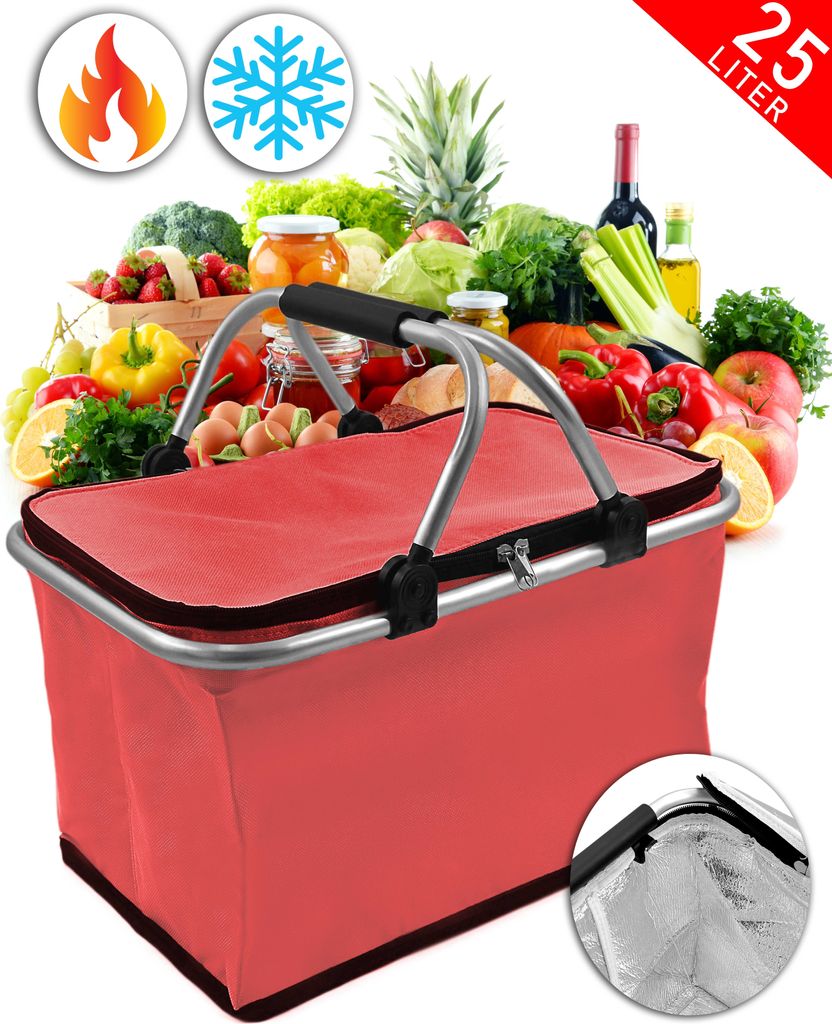 Alu Einkaufskorb Faltbar Picknickkorb Tasche Klappbar mit Deckel Kühlkorb Thermo 25 Liter Rot