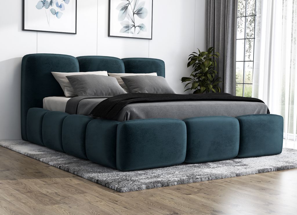 Polsterbett STERN 90x200 mit Matratze und Bettkasten. Farbe: Dunkelblau