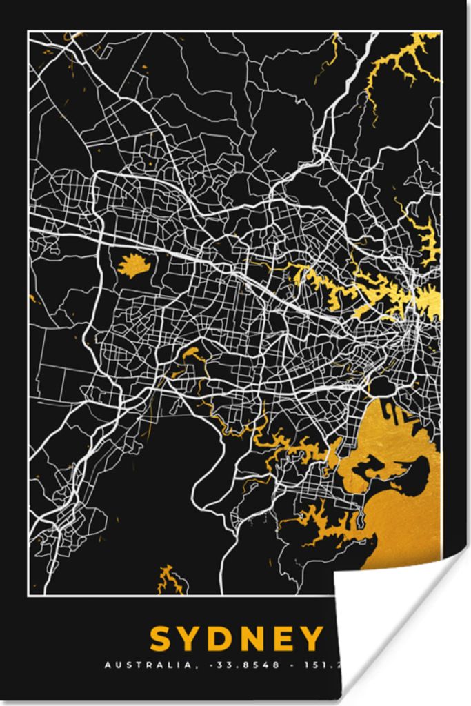 MuchoWow Poster Sydney - Stadtplan - Gold - Karte 40x60 cm - Plakate für die Wand - Poster Babyzimmer