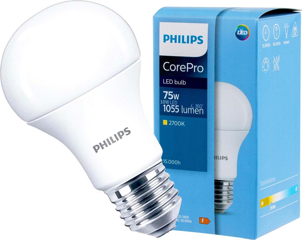 A Philips LED light bulb and its packaging.