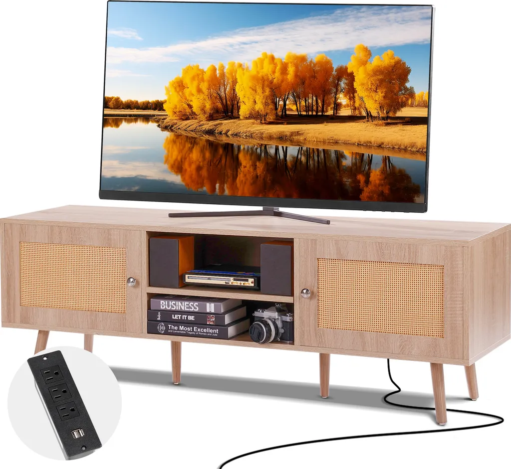 Mobile TV VEVOR in Rattan Boho per TV 165cm Rovere con Prese USB
