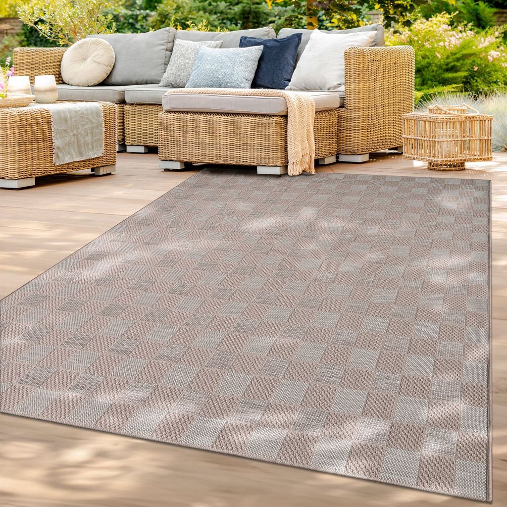 TT Home In-& Outdoorteppich Wetterfest Terrasse Balkon Esszimmer Geometrische Optik Boho Skandi Muster Unifarben Modern Größe 150 cm Quadrat
